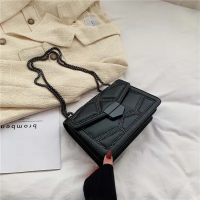 Women Fashion Flap Buckle Design Rivet Decoration Solid Color PU Crossbody Bag