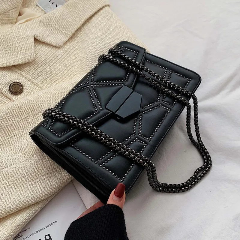 Women Fashion Flap Buckle Design Rivet Decoration Solid Color PU Crossbody Bag