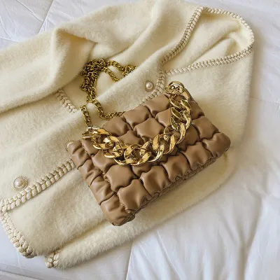 Women's Fashion Thick Chain Design Plaid Stitching Solid PU Crossbody Bag with Cell Phone Pocket