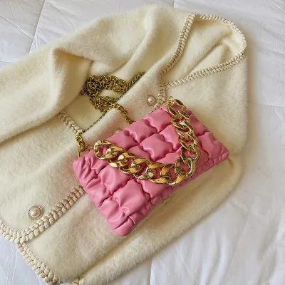 Women's Fashion Thick Chain Design Plaid Stitching Solid PU Crossbody Bag with Cell Phone Pocket