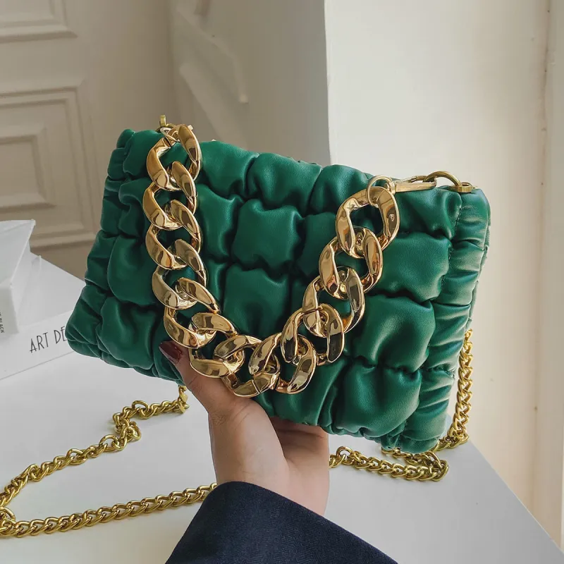 Women's Fashion Thick Chain Design Plaid Stitching Solid PU Crossbody Bag with Cell Phone Pocket