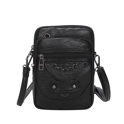 Women Vintage Zipper Solid Color PU Flap Crossbody Bag with Rivet