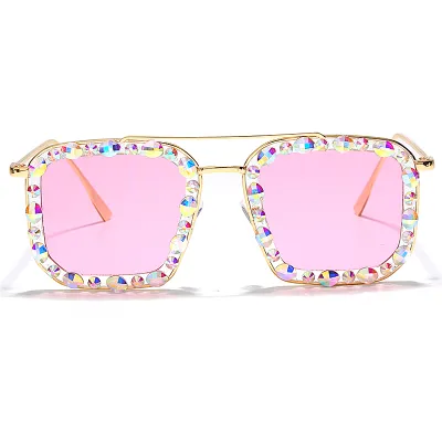 Women Chic Oversized Square Frame Rhinestone Decoration Sunglasses
