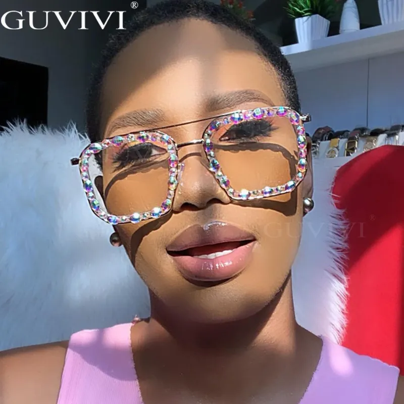 Women Chic Oversized Square Frame Rhinestone Decoration Sunglasses