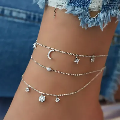 Women Bohemian Beach Alloy Cross Heart Pendant Multilayer Anklet