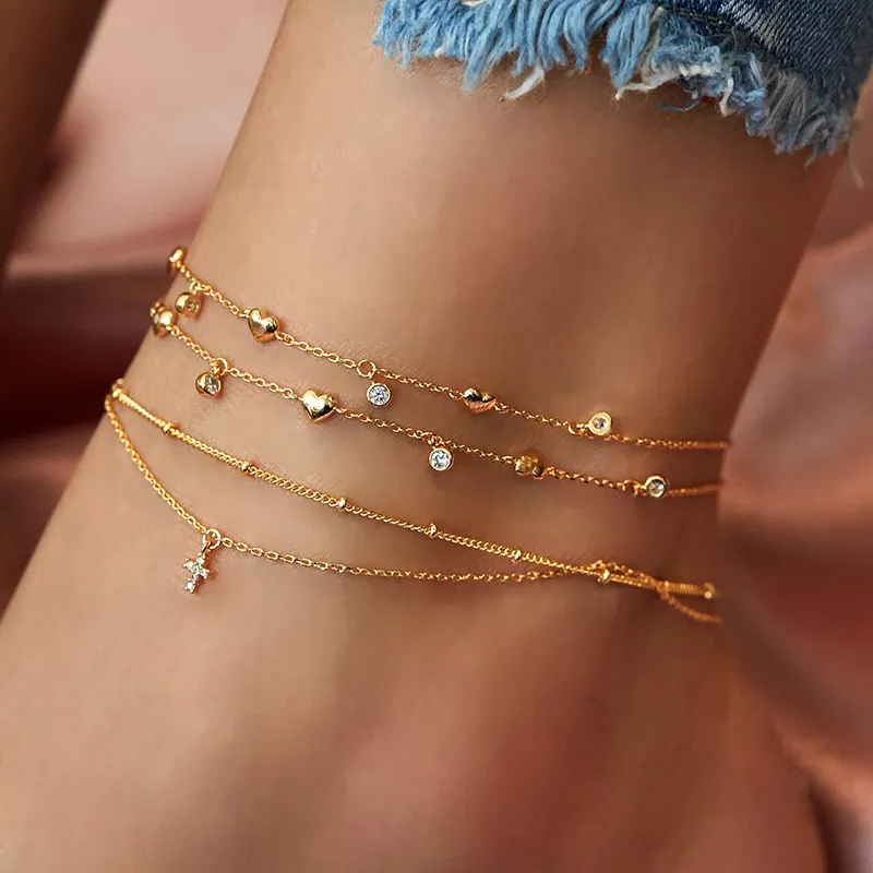 Women Bohemian Beach Alloy Cross Heart Pendant Multilayer Anklet