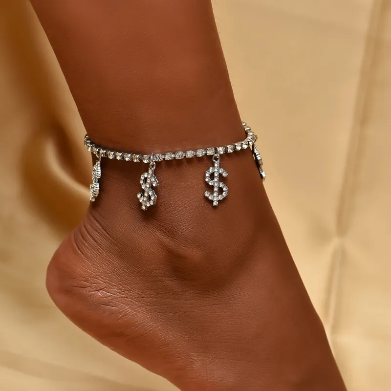 Women Luxury Rhinestone Dollar Sign Shaped Pendant Alloy Anklet