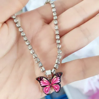 Women Bohemian Rhinestone Butterfly Pendant Stainless Steel Anklet With Lobster Clasp