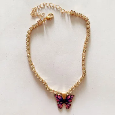 Women Bohemian Rhinestone Butterfly Pendant Stainless Steel Anklet With Lobster Clasp