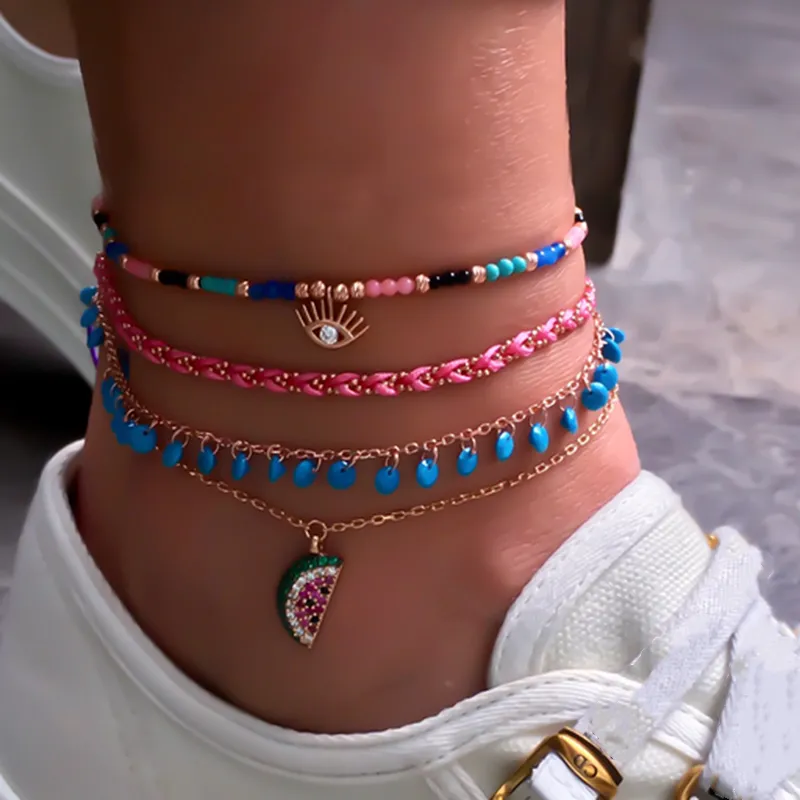 4 Pcs/Set Women Exquisite Devil Eye And Watermelon Pendant Design Anklet With Natural Stone