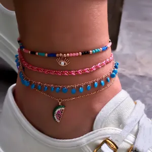 4 Pcs/Set Women Exquisite Devil Eye And Watermelon Pendant Design Anklet With Natural Stone