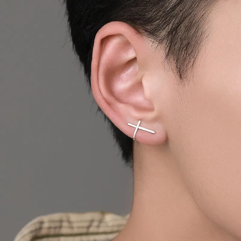 Men Punk Minimalist Geometric Cross Shaped Alloy Stud Earrings