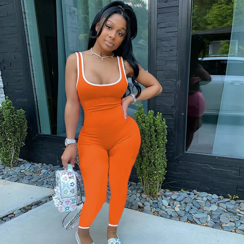 Summer Women Athleisure Sleeveless Color Blocking Bodycon Jumpsuits