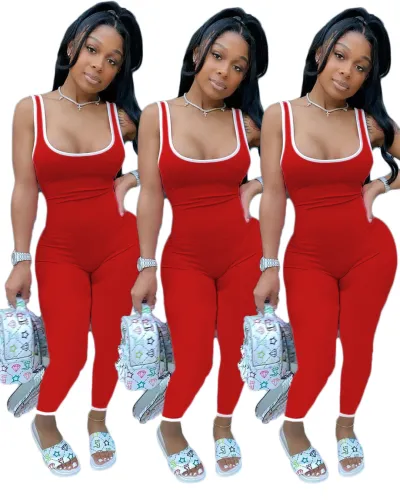 Summer Women Athleisure Sleeveless Color Blocking Bodycon Jumpsuits