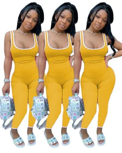 Summer Women Athleisure Sleeveless Color Blocking Bodycon Jumpsuits
