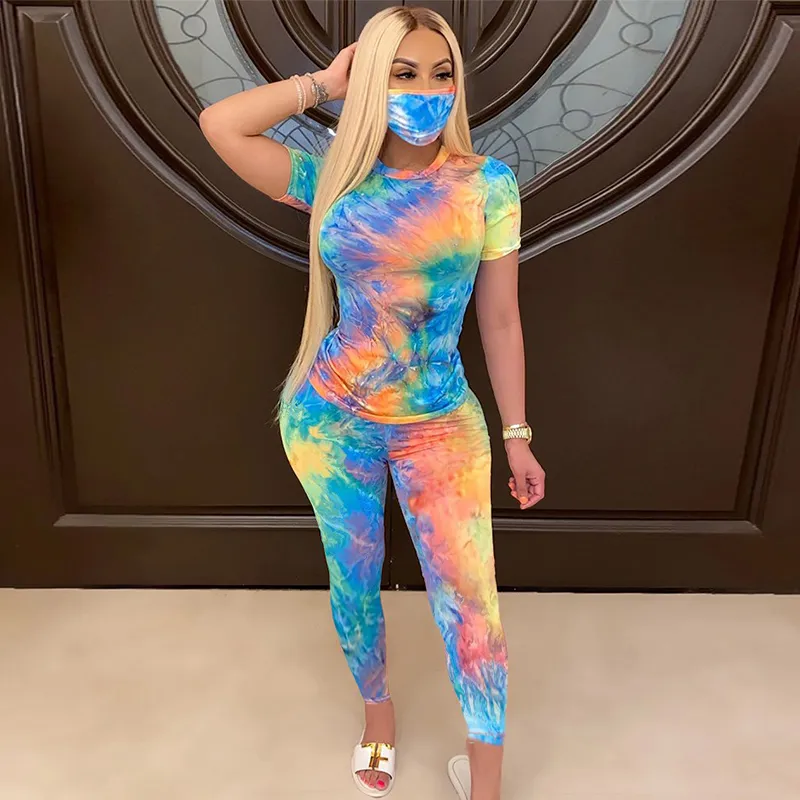 Women Athleisure Tie Dye Round Neck Short Sleeves T-Shirt And Skinny Pants Set