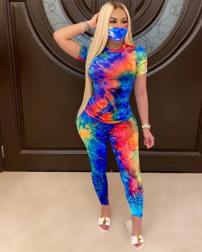 Women Athleisure Tie Dye Round Neck Short Sleeves T-Shirt And Skinny Pants Set