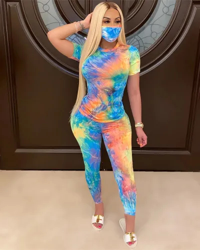 Women Athleisure Tie Dye Round Neck Short Sleeves T-Shirt And Skinny Pants Set