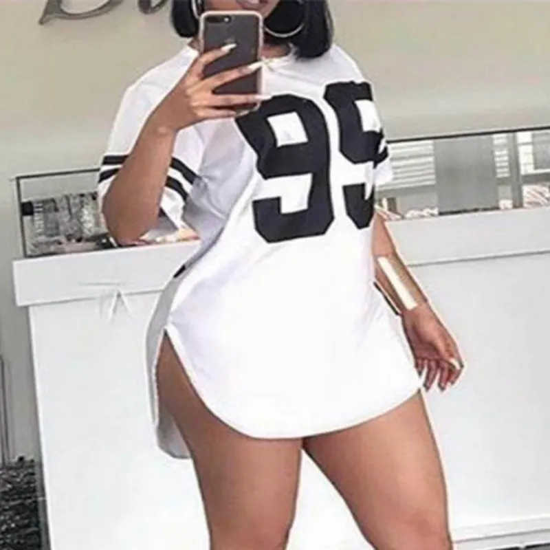 Women Summer Edgy Basic Color Blocking Round Neck Digital Printing Side-slit Short-sleeved T-shirt