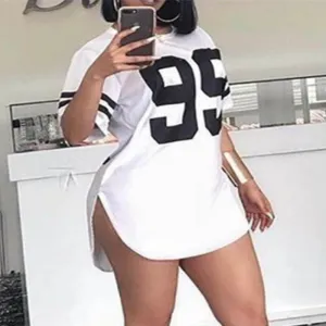 Women Summer Edgy Basic Color Blocking Round Neck Digital Printing Side-slit Short-sleeved T-shirt