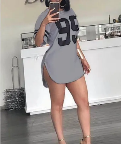 Women Summer Edgy Basic Color Blocking Round Neck Digital Printing Side-slit Short-sleeved T-shirt