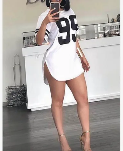 Women Summer Edgy Basic Color Blocking Round Neck Digital Printing Side-slit Short-sleeved T-shirt