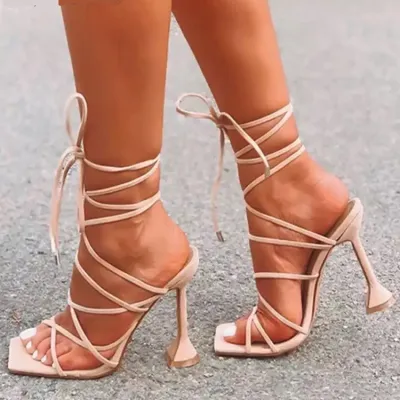 Women Sexy Lace Up Design Solid Color Stiletto Sandals
