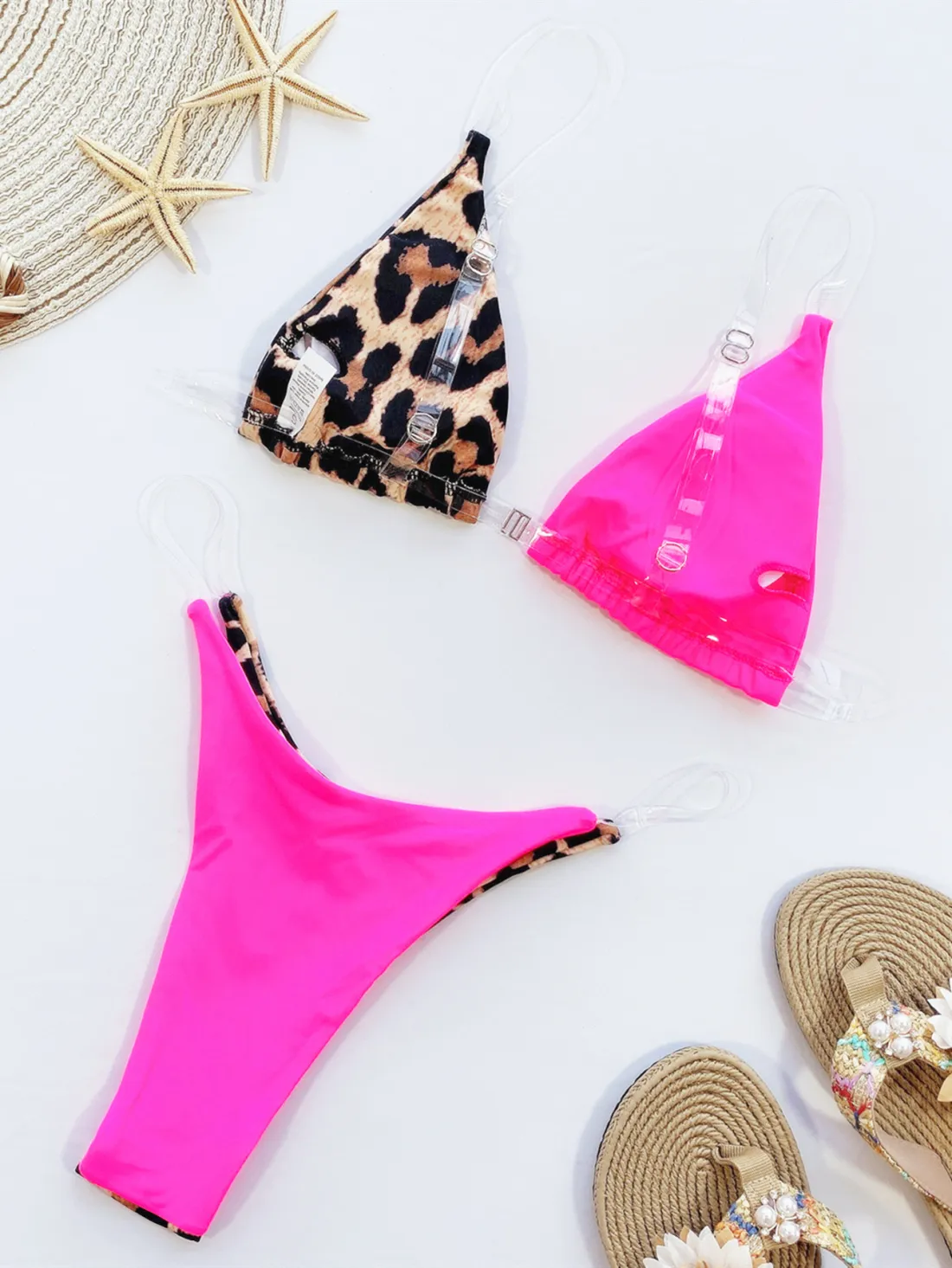 TOWED22 Womens Swimsuits,Women's Animal Print Bikini Ribbed Leopard  Colorblock V Wired Bikini Swimsuit High Cut Swimwear Hot Pink,L