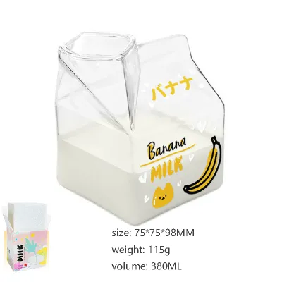 Cute Cartoon Square Glass Milk Box Shaped Cup for Home Kitchen - 301-400ml High Borosilicate