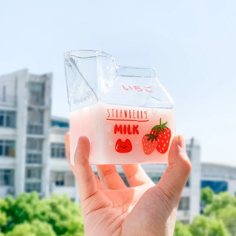 Cute Cartoon Square Glass Milk Box Shaped Cup for Home Kitchen - 301-400ml High Borosilicate