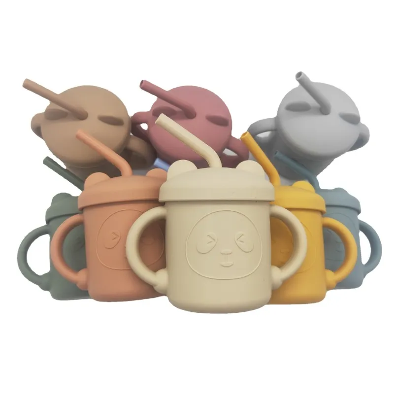Panda Silicone Learning Drinking Cup for Kids With Straw - Small Bore Round Sippy Cup Toddler Training Cup