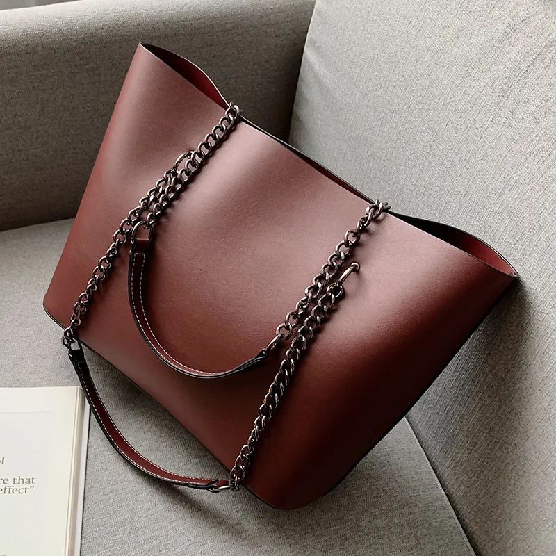 Women Chain Design Solid PU Tote Bag Large Capacity Casual Shoulder Bag