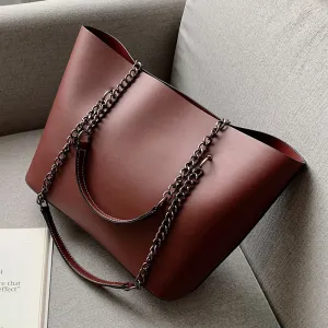 Women Chain Design Solid PU Tote Bag Large Capacity Casual Shoulder Bag