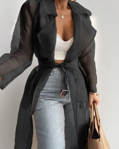 Women Elegant Office Solid Color See-through Long Lantern Sleeve Lapel Overcoat Blouse