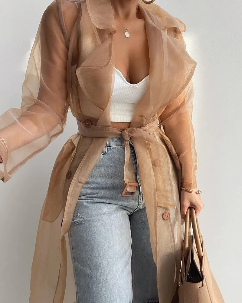 Women Elegant Office Solid Color See-through Long Lantern Sleeve Lapel Overcoat Blouse