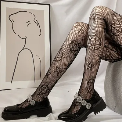 Women Gothic Chic Pentagram Pattern Hollow Out Fishnet Stockings