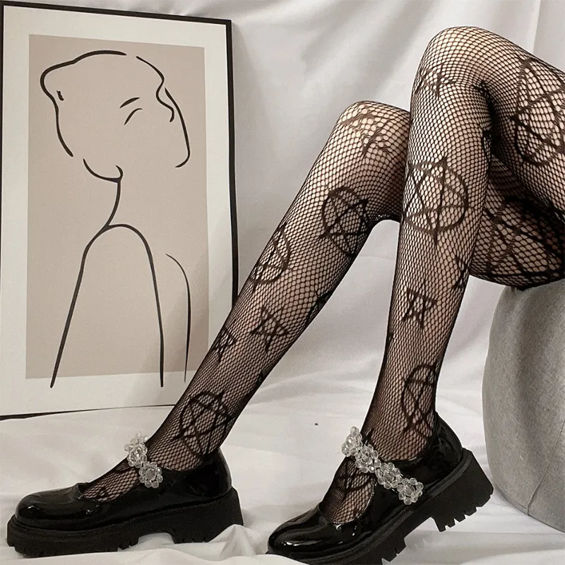 Women Gothic Chic Pentagram Pattern Hollow Out Fishnet Stockings