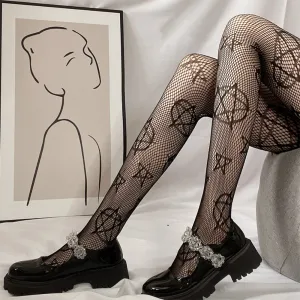 Women Gothic Chic Pentagram Pattern Hollow Out Fishnet Stockings