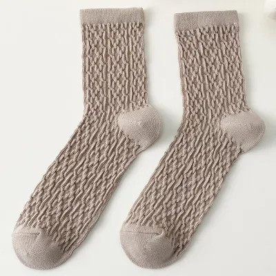 Women Casual Solid Rhombus Printed Cotton Breathable Mid Tube Socks