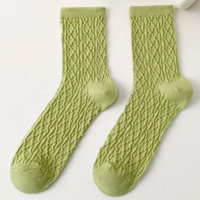 Women Casual Solid Rhombus Printed Cotton Breathable Mid Tube Socks
