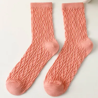 Women Casual Solid Rhombus Printed Cotton Breathable Mid Tube Socks