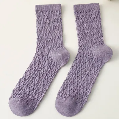 Women Casual Solid Rhombus Printed Cotton Breathable Mid Tube Socks