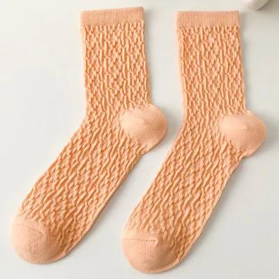 Women Casual Solid Rhombus Printed Cotton Breathable Mid Tube Socks