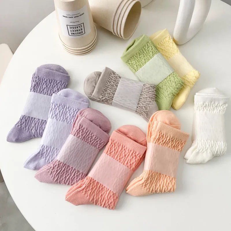 Women Casual Solid Rhombus Printed Cotton Breathable Mid Tube Socks