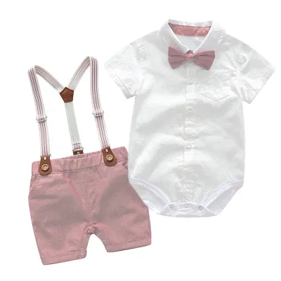 Baby Boys Gentleman Basic Lapel Short Sleeve Romper and Straps Shorts Set Cotton Solid Color Two Piece