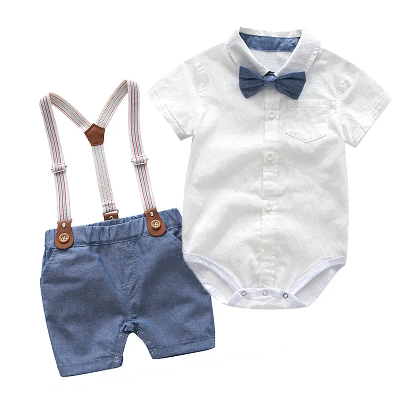 Baby Boys Gentleman Basic Lapel Short Sleeve Romper and Straps Shorts Set Cotton Solid Color Two Piece