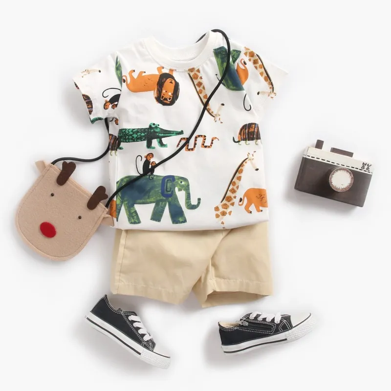 Baby Boys Casual Cute Cartoon Animal Pattern Round Neck Short Sleeve T-shirt And Elastic Shorts Set