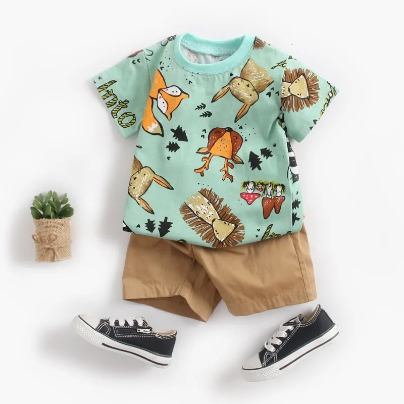 Baby Boys Cute Cartoon Animal Print Short Sleeve T-shirt and Elastic Shorts Set