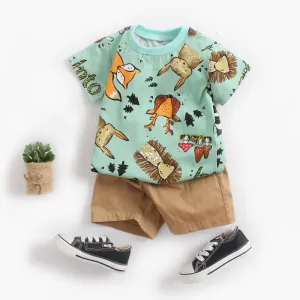 Baby Boys Cute Cartoon Animal Print Short Sleeve T-shirt and Elastic Shorts Set