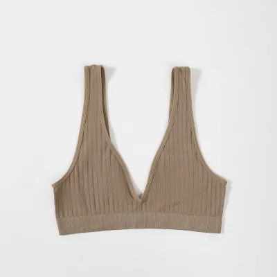Women Basic Solid Color Rib Knit Sleeveless Bra Without Chest Pad